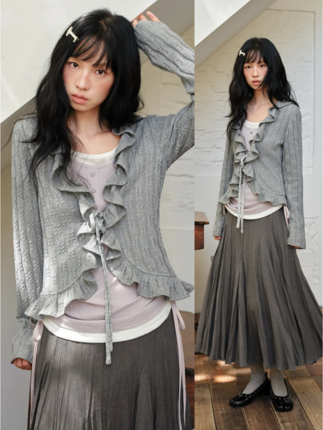 DAILY ARTIST - Gray Ruffle-Trim Cardigan & Purple Layered Top Set