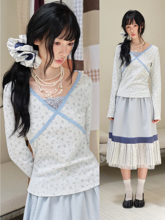 DAILY ARTIST - Light Gray Floral Lace Cross-Front Long-Sleeve Top