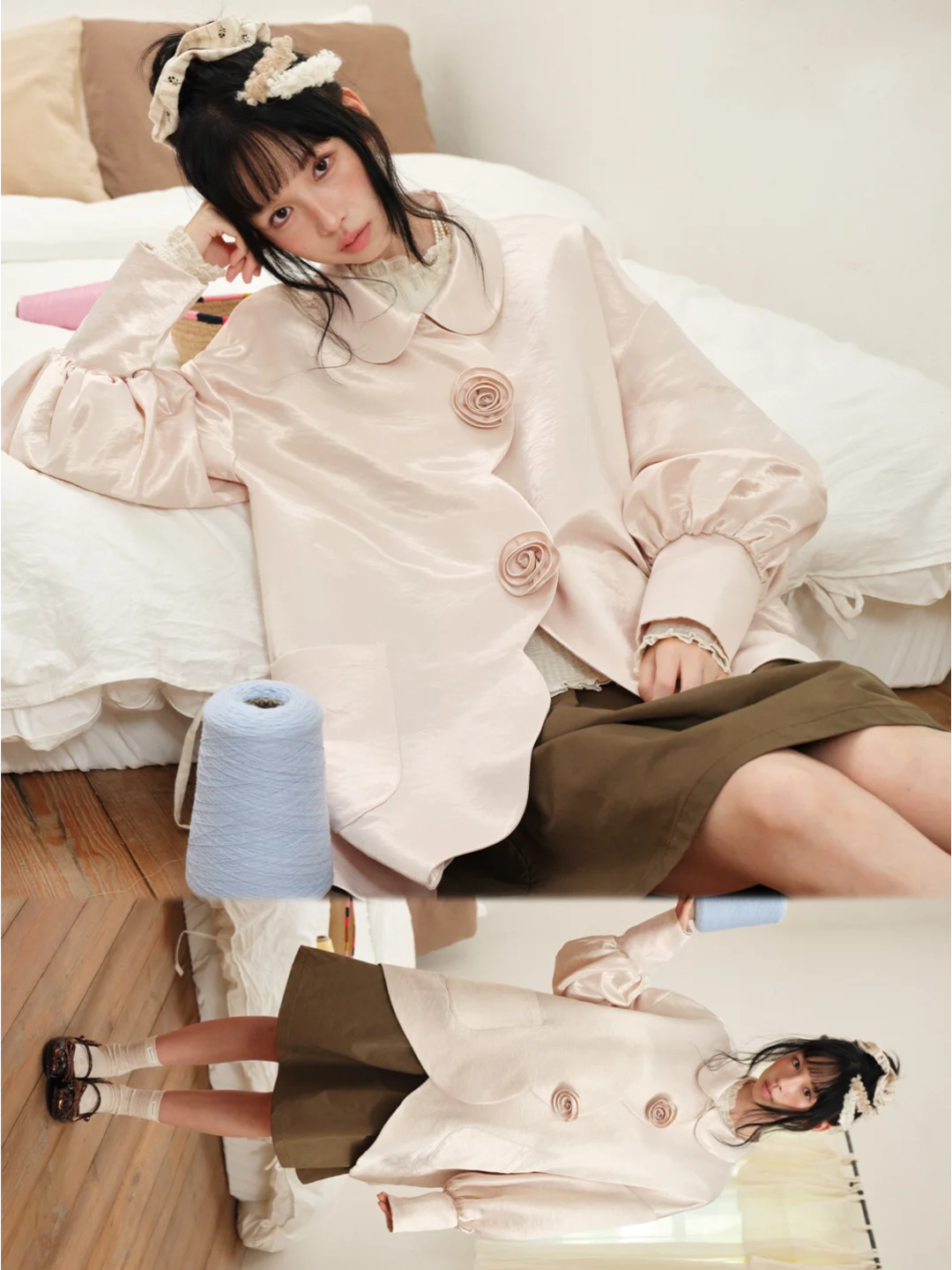 DAILY ARTIST - Soft Pink Pearl Satin Rose Bubble Sleeve Jacket
