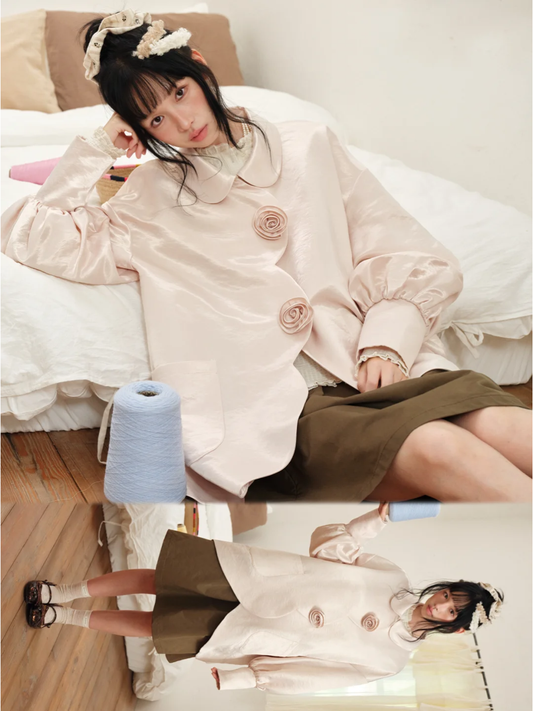 DAILY ARTIST - Soft Pink Pearl Satin Rose Bubble Sleeve Jacket