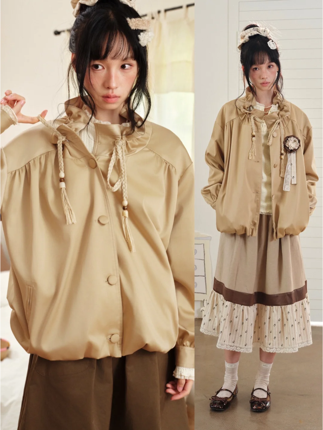 DAILY ARTIST - Champagne Ruffle Stand-Collar Drawstring Jacket
