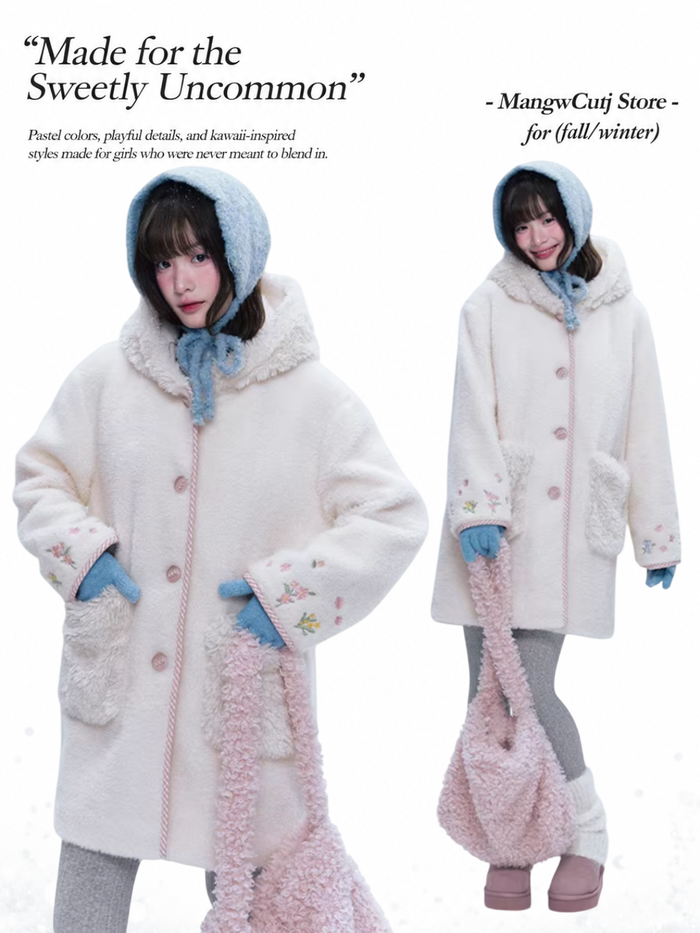CREAMO2 - Soft Ivory Embroidered Teddy Wool-Style Midi Coat