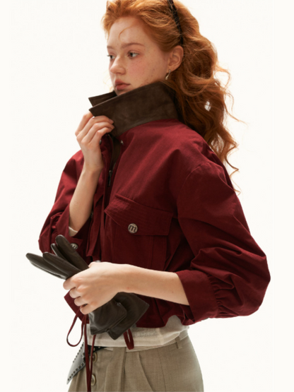MAMC - Red Textured Snowflake-Fleece Utility Jacket with Faux Leather Collar