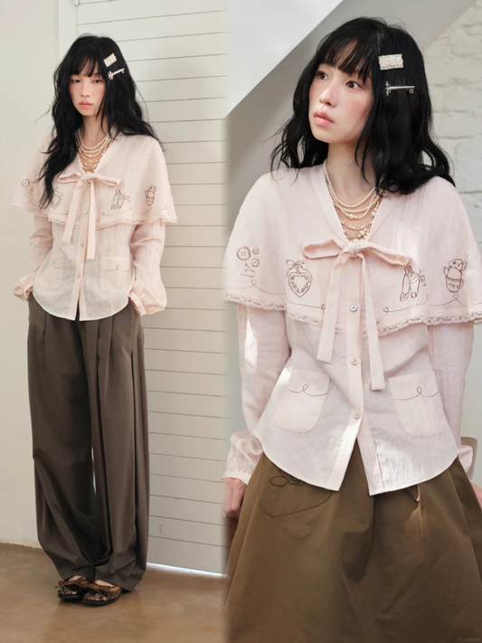 DAILY ARTIST - “Soft Pink Notes” Pink Vintage Tencel Lace Cape Blouse