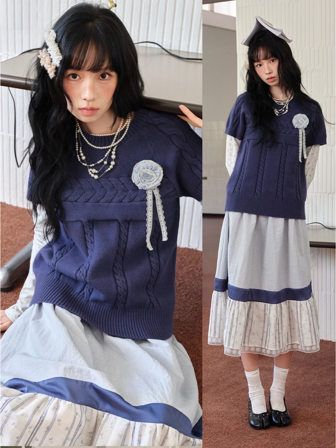 DAILY ARTIST - Navy Cable Knit Short-Sleeve Top