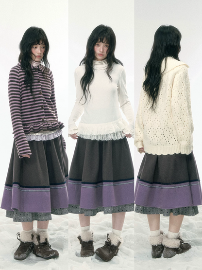 JOVYLLE - Gray Purple Color-Block Winter Midi Skirt