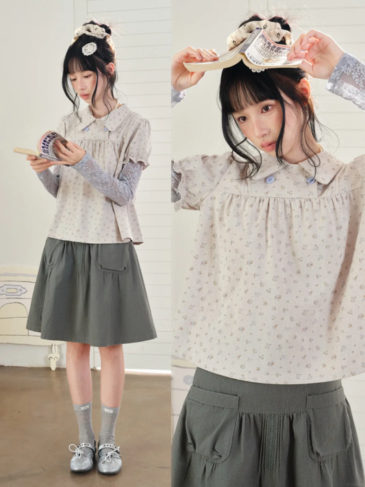 DAILY ARTIST - “Blue Letters of Memory” Gray Blue Floral Faux-Layer Lace Knit Top
