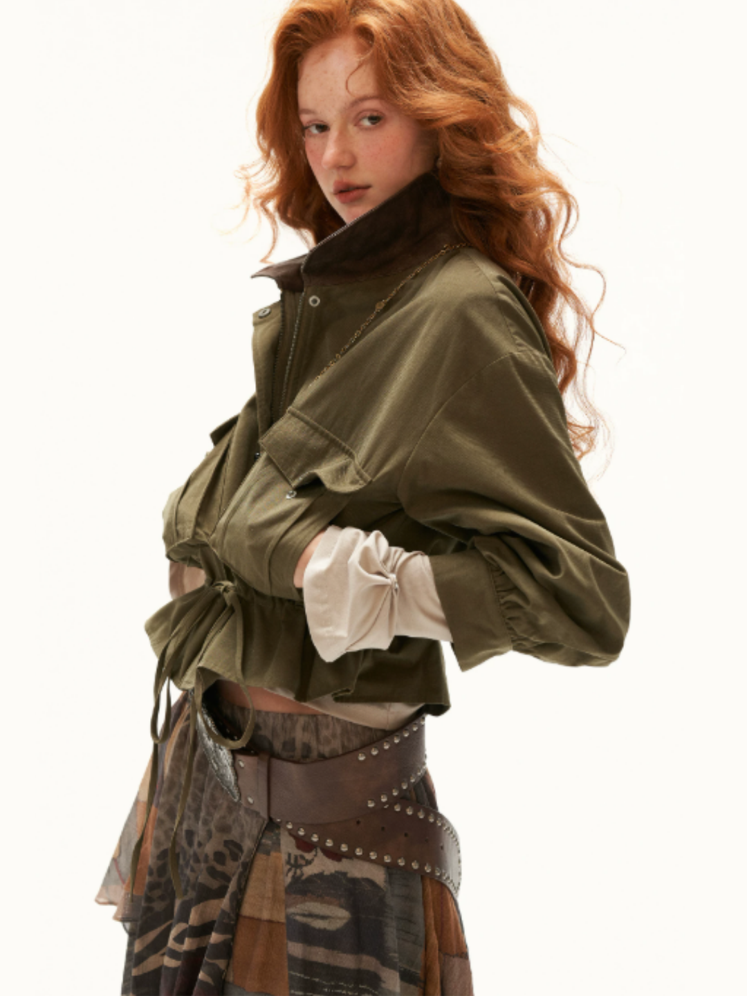 MAMC - Military Green Textured Snowflake-Fleece Utility Jacket with Faux Leather Collar