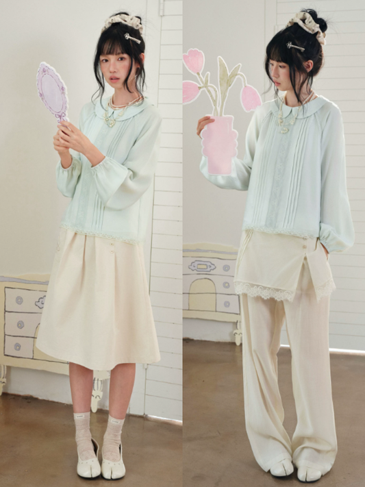 DAILY ARTIST - Mint Green Vintage Lace Doll-Collar Blouse