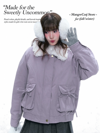 CREAMO2 - Taro Gray-Purple Detachable Shearling-Collar Retro Padded Jacket