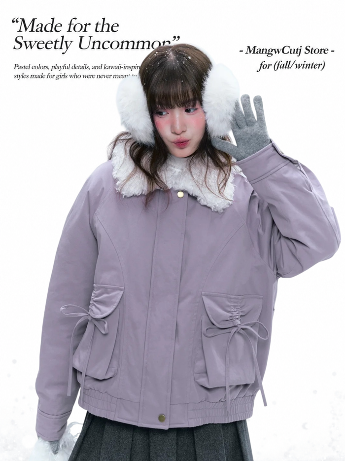 CREAMO2 - Taro Gray-Purple Detachable Shearling-Collar Retro Padded Jacket