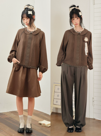 DAILY ARTIST - Tea Brown Vintage Lace Doll-Collar Blouse