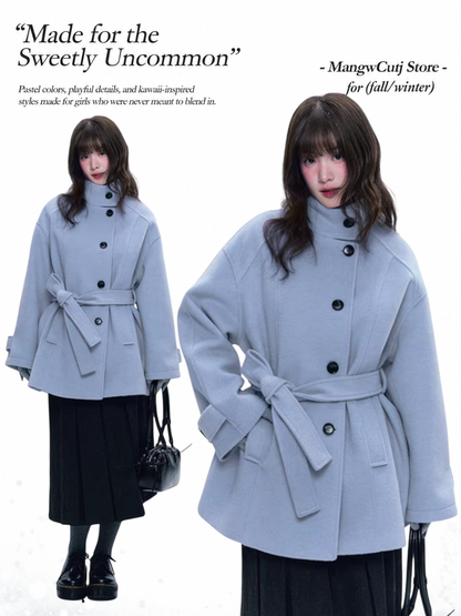 CREAMO2 - Soft Mist Blue Vintage Academy Wool-Blend Midi Coat