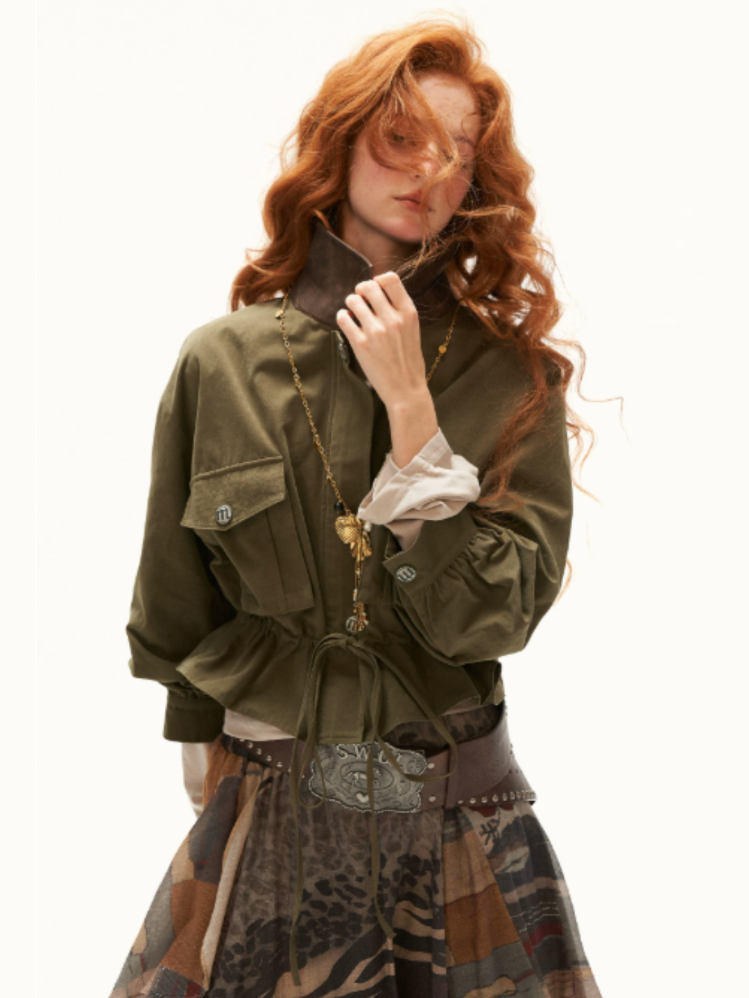 MAMC - Military Green Textured Snowflake-Fleece Utility Jacket with Faux Leather Collar