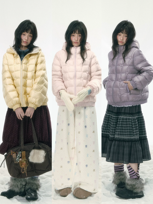 JOVYLLE - Color-Block Star Hooded Down Puffer Jacket (Purple / Pink / Mustard Yellow)