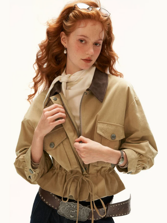 MAMC - Khaki Textured Snowflake-Fleece Utility Jacket with Faux Leather Collar