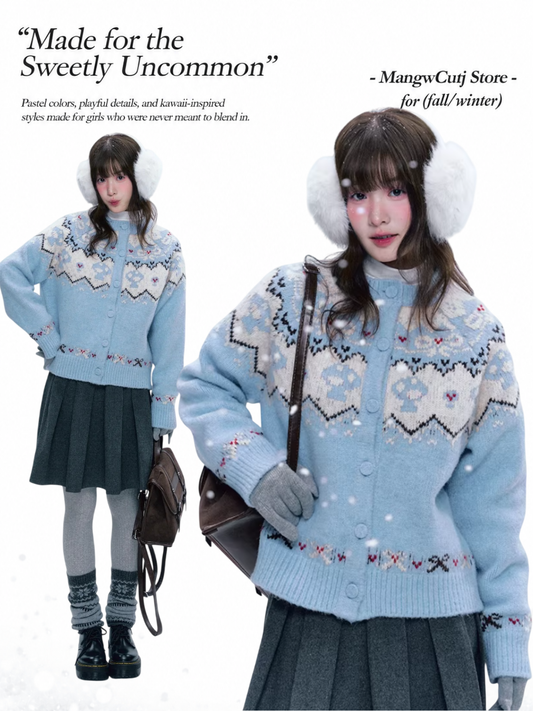 CREAMO2 - Soft Blue Fair Isle Raglan Knit Sweater
