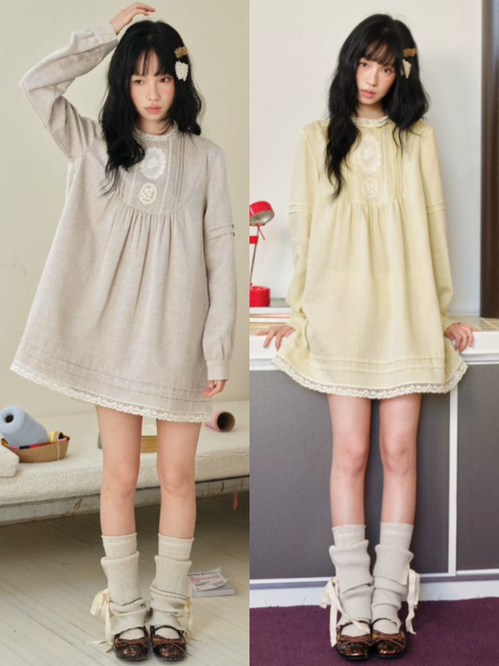 DAILY ARTIST - “Pale Twilight Sequence” Vintage Lace Appliqué Babydoll Dress (Light Brown / Pale Yellow)