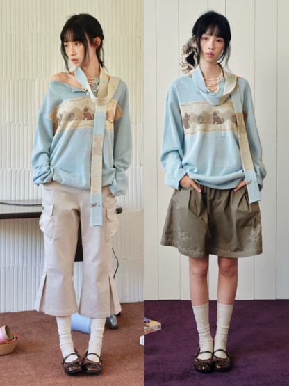 DAILY ARTIST - Light Blue Cat & Yarn Ball Henley Knit Pullover (With Matching Scarf)