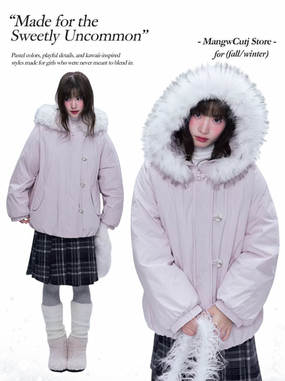 CREAMO2 - Soft Pink-Purple Detachable Fur Hooded Down Jacket