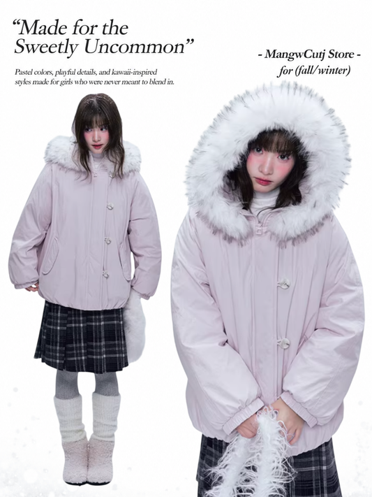 CREAMO2 - Soft Pink-Purple Detachable Fur Hooded Down Jacket