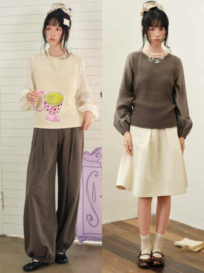 DAILY ARTIST - “Soft Woven Wind” Silk-Wool Sheer Sleeve Knit Top (Brown / Beige)