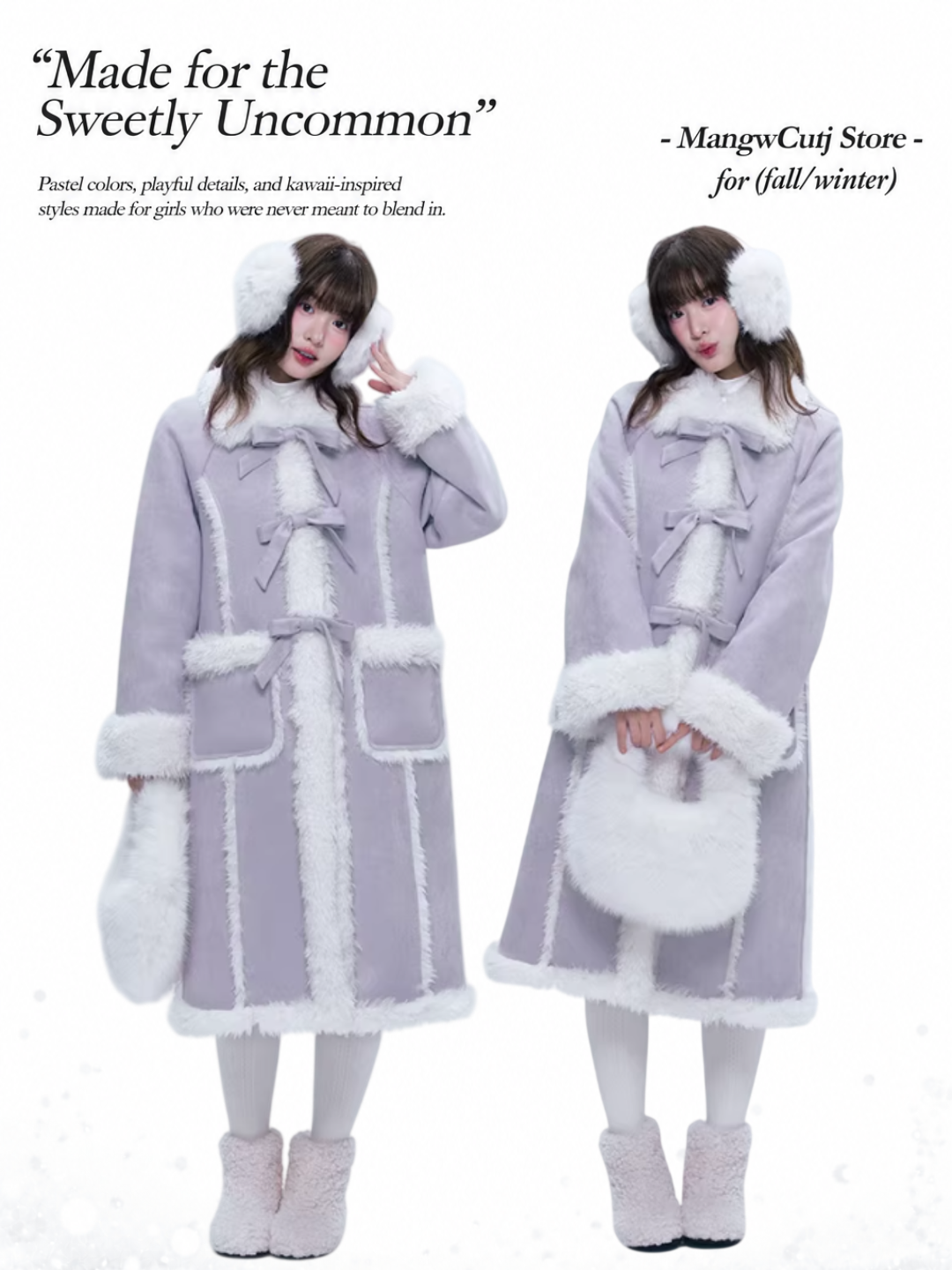 CREAMO2 - Taro Gray-Purple Bow-Tie Faux Suede & Teddy Midi Coat