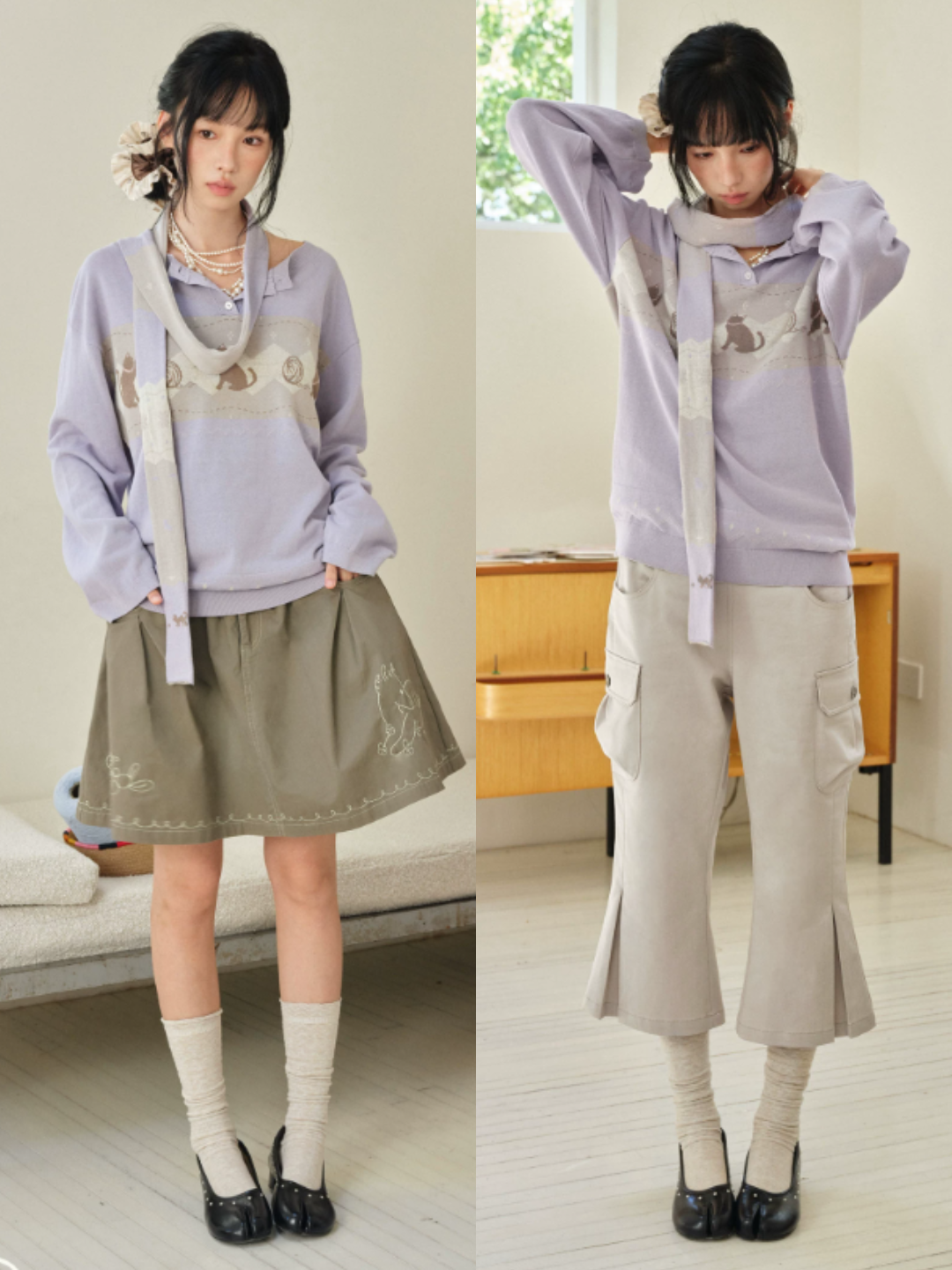 DAILY ARTIST - Taro Purple Cat & Yarn Ball Henley Knit Pullover (With Matching Scarf)