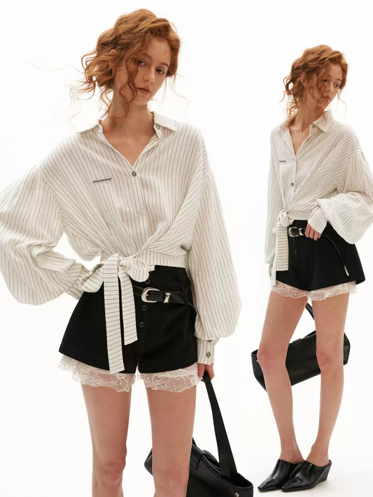 MAMC - White French Striped Wrap Waist Shirt