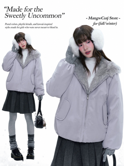 CREAMO2 - Soft Lilac Bow-Embroidered Eco Fur Puffer Jacket