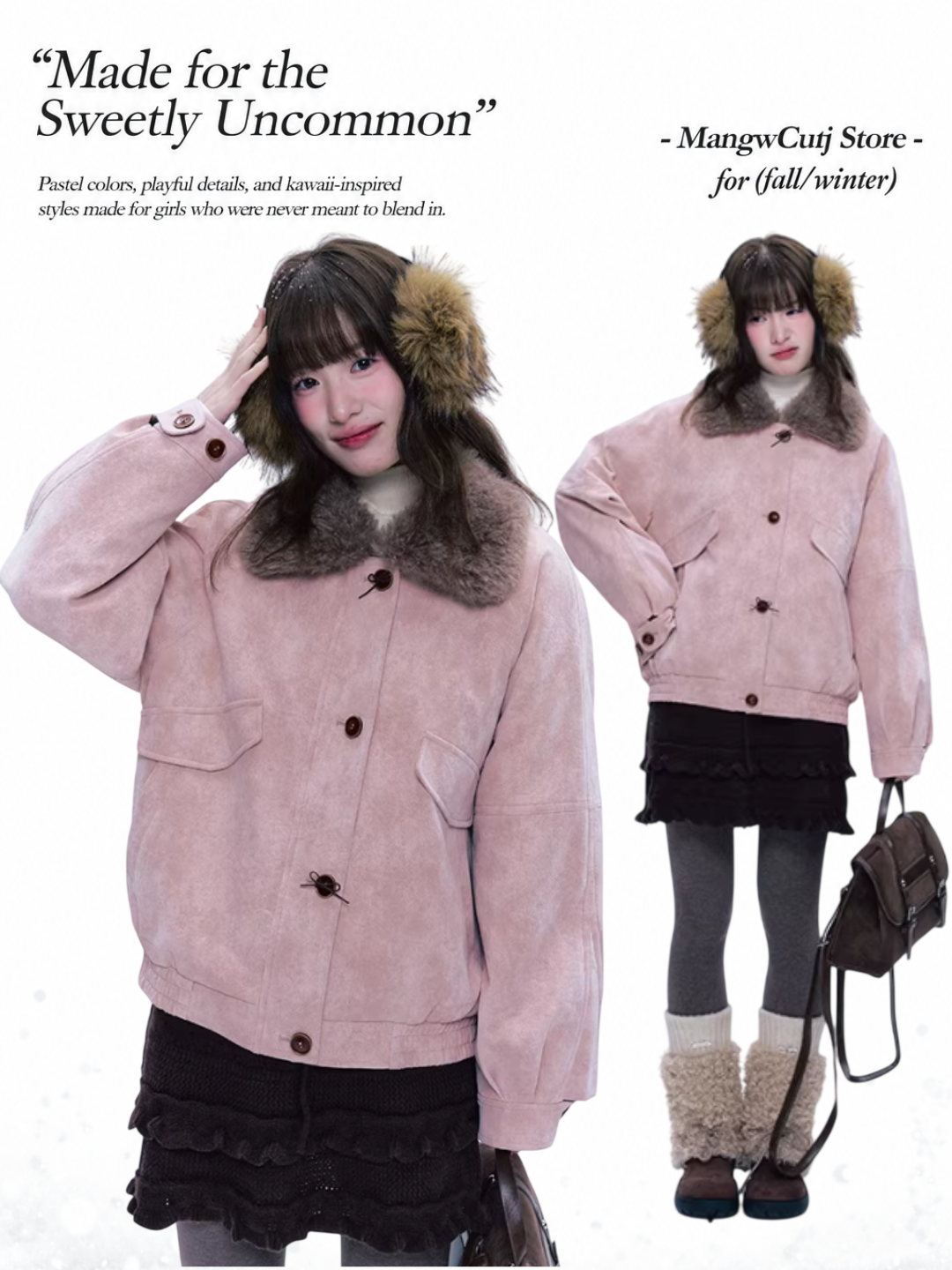CREAMO2 - Peach Mist Detachable Fur-Collar Faux Suede Padded Jacket
