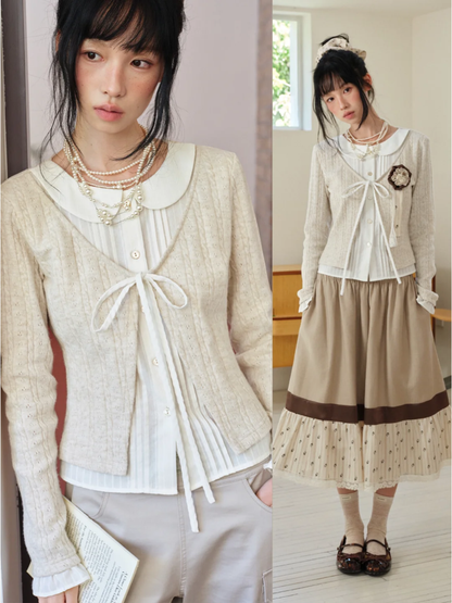 DAILY ARTIST - Warm Beige Faux-Layer Doll-Collar Tie Cardigan