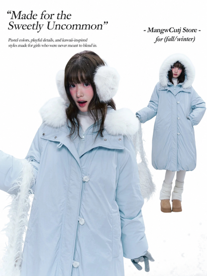 CREAMO2 - Milk Mist Blue Faux-Layered Mid-Length Down Puffer Coat