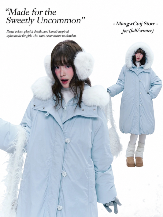 CREAMO2 - Milk Mist Blue Faux-Layered Mid-Length Down Puffer Coat