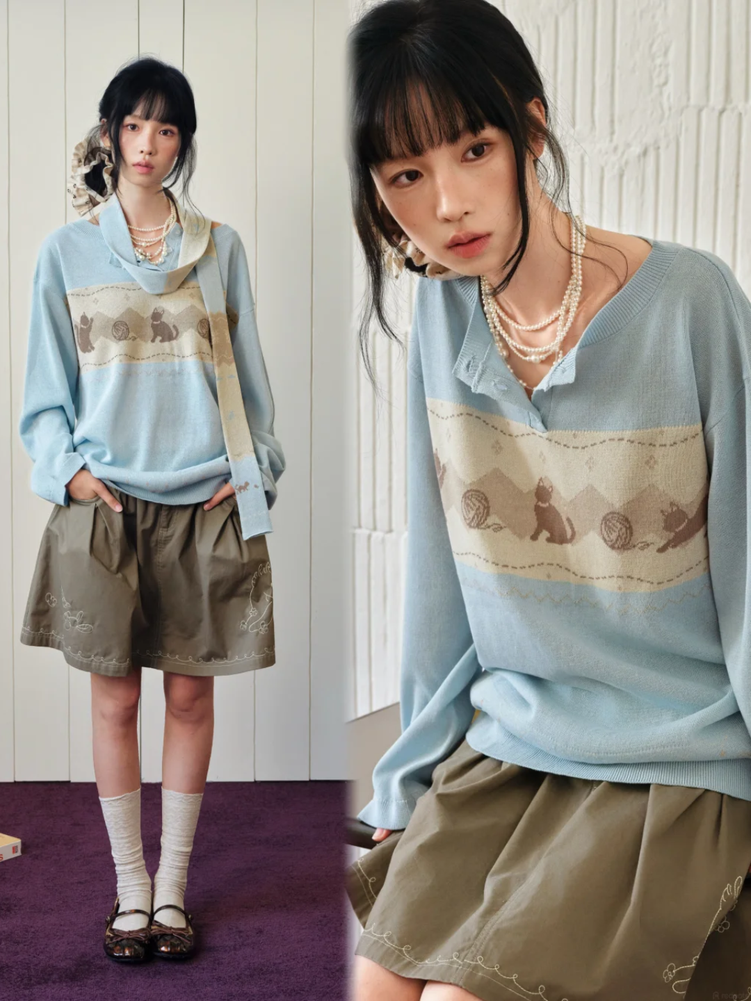 DAILY ARTIST - Light Blue Cat & Yarn Ball Henley Knit Pullover (With Matching Scarf)