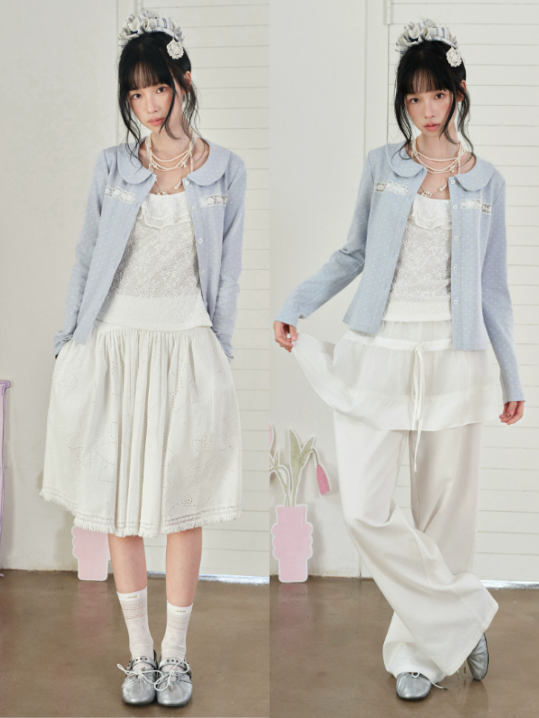 DAILY ARTIST - Light Blue Polka-Dot Peter Pan Collar Cardigan & Lace Cami Set