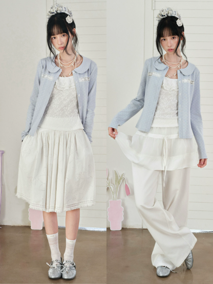 DAILY ARTIST - Light Blue Polka-Dot Peter Pan Collar Cardigan & Lace Cami Set