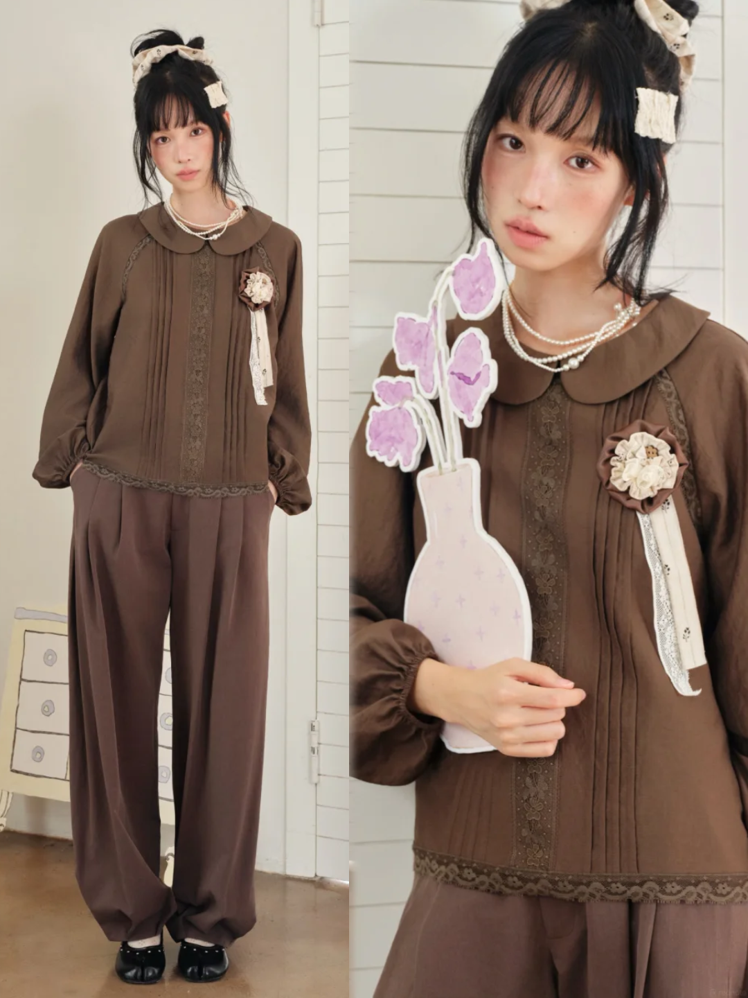 DAILY ARTIST - Tea Brown Vintage Lace Doll-Collar Blouse