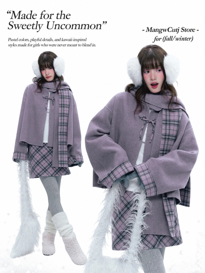 CREAMO2 - Soft Mauve Reversible Plaid Wool Cape Coat Set