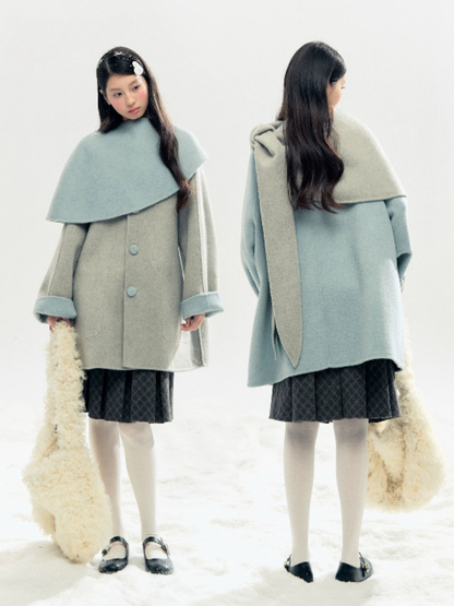 "Double Winter Embrace" Blue & Gray Reversible Wool-Blend Cape Coat