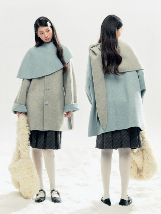 "Double Winter Embrace" Blue & Gray Reversible Wool-Blend Cape Coat