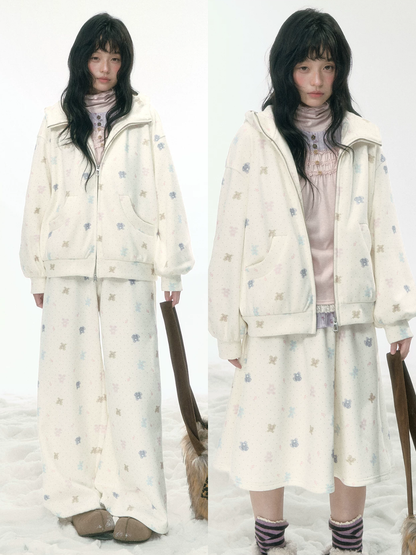JOVYLLE - Cream Printed Fleece-Lined Sweatshirt, Pants & Skirt Set