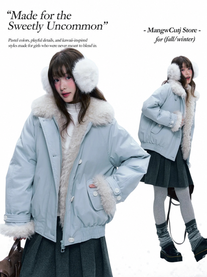 CREAMO2 - Mist Blue Contrast-Collar Short Down Jacket