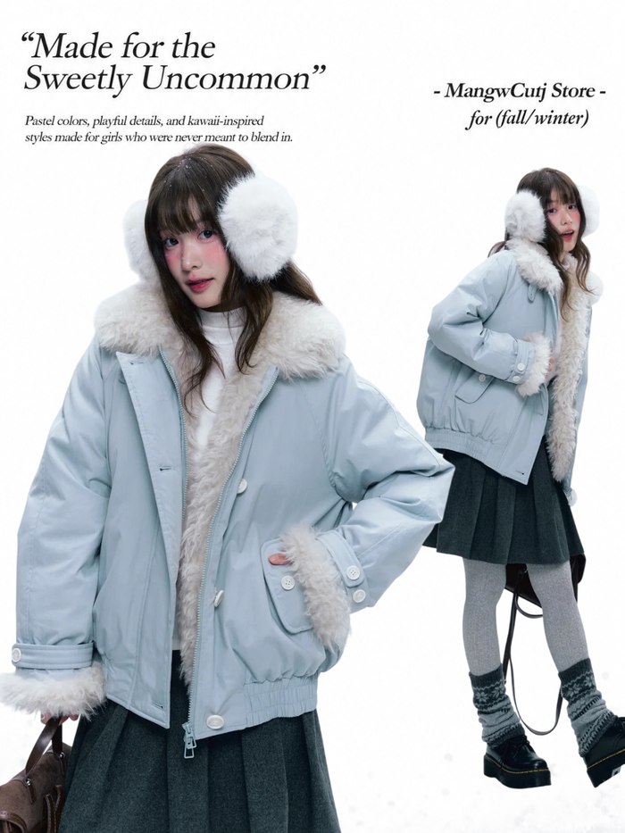 CREAMO2 - Mist Blue Contrast-Collar Short Down Jacket