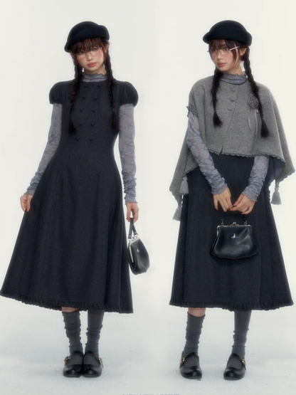 Vintage Double-Breasted Wool Dress & Knit Fringe Cape Set
