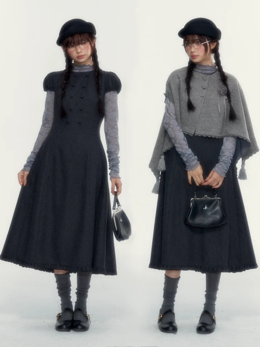 Vintage Double-Breasted Wool Dress & Knit Fringe Cape Set