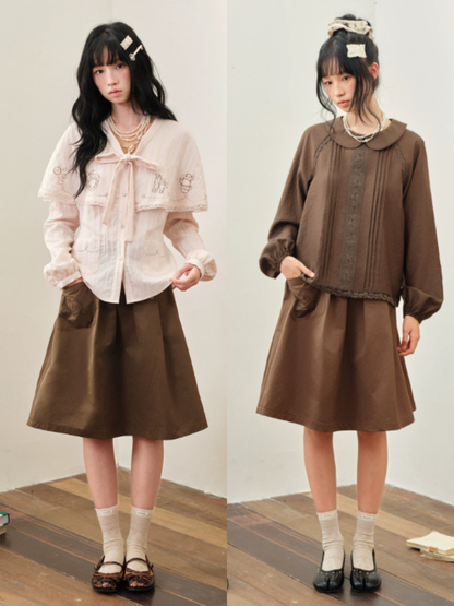 DAILY ARTIST - Coffee Brown Rose Embroidered Pleated A-Line Skirt