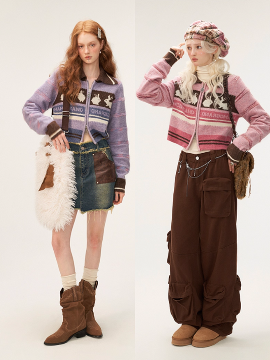 MAMC - Striped Bunny Zipper Knit Polo Cardigan
