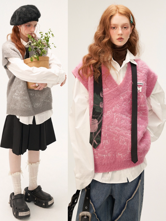 MAMC - Embroidered Formula V-Neck Knit Vest – Preppy Style