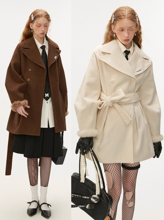 MAMC - Faux Fur Sleeve Wool Coat with Waist Tie